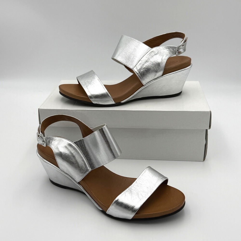 Sheridan Mia Tensil Silver Metallic Leather Wedge Sandals Size 40